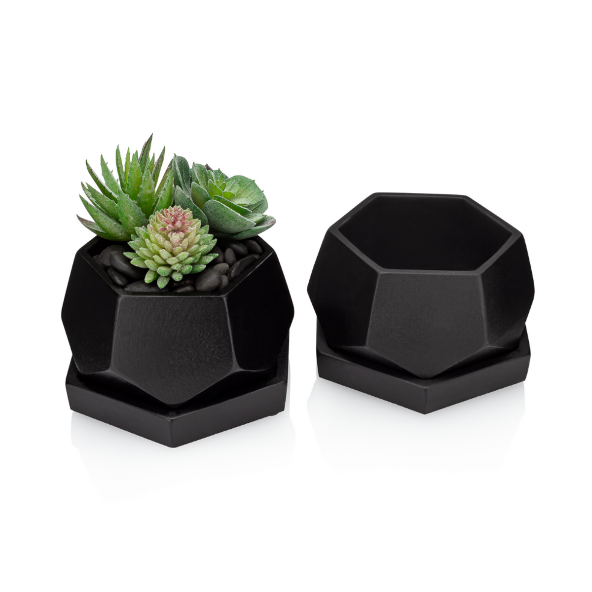 succulent pot with saucer Hexagonal Cement Succulent Black Pot with Saucer Set of 2